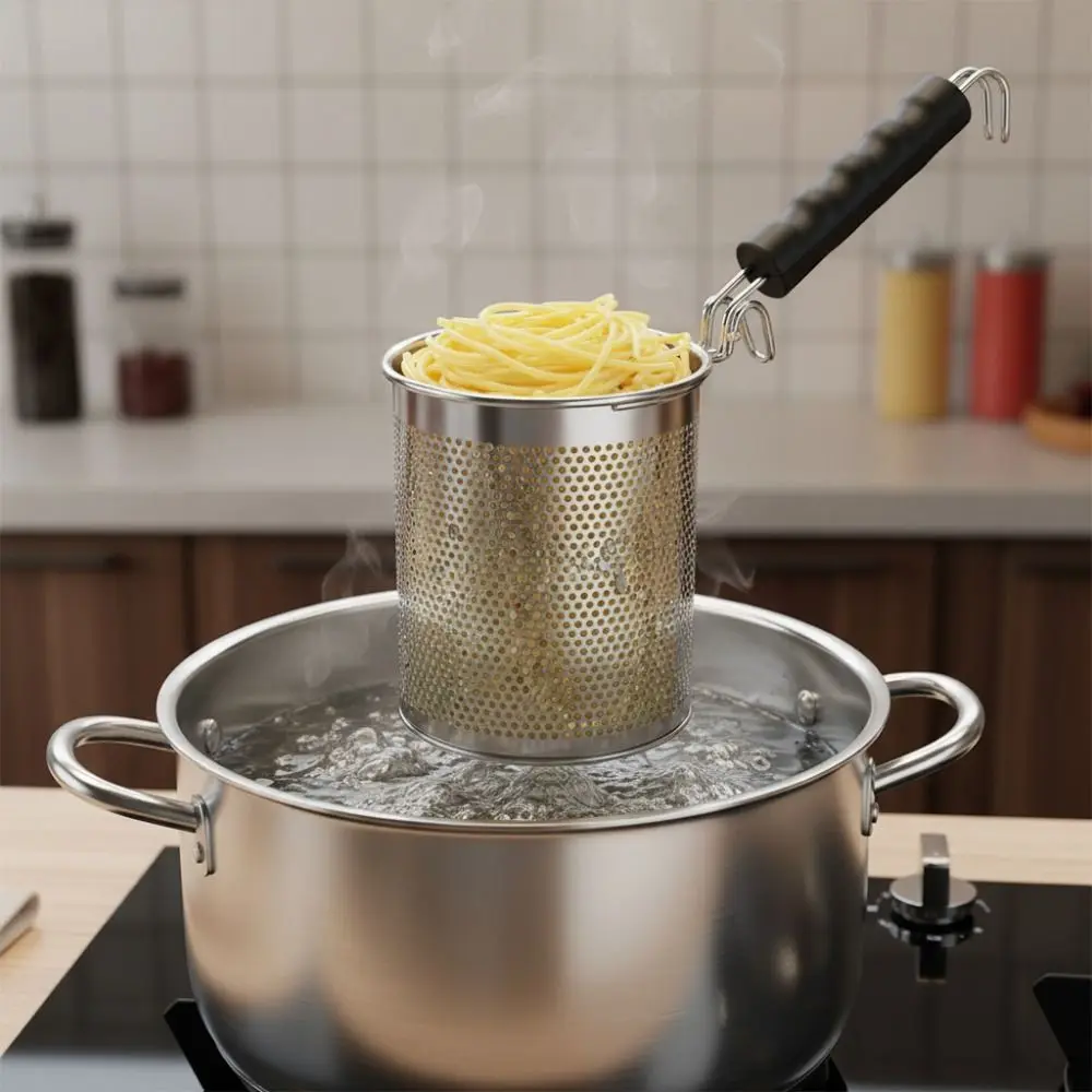 

Stainless Steel Hot Pot Strainer Spoon Hook Design Handle Hanging Frying Basket Cylinder-shaped Pasta Colander Noodle