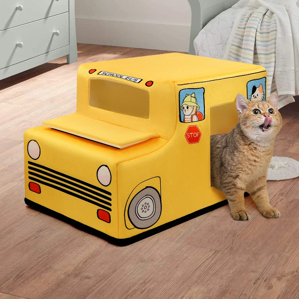 

Creative cat bed school bus shape cute cartoon cat bed soft and comfortable cat play cat bed multi-channel pet cat bed