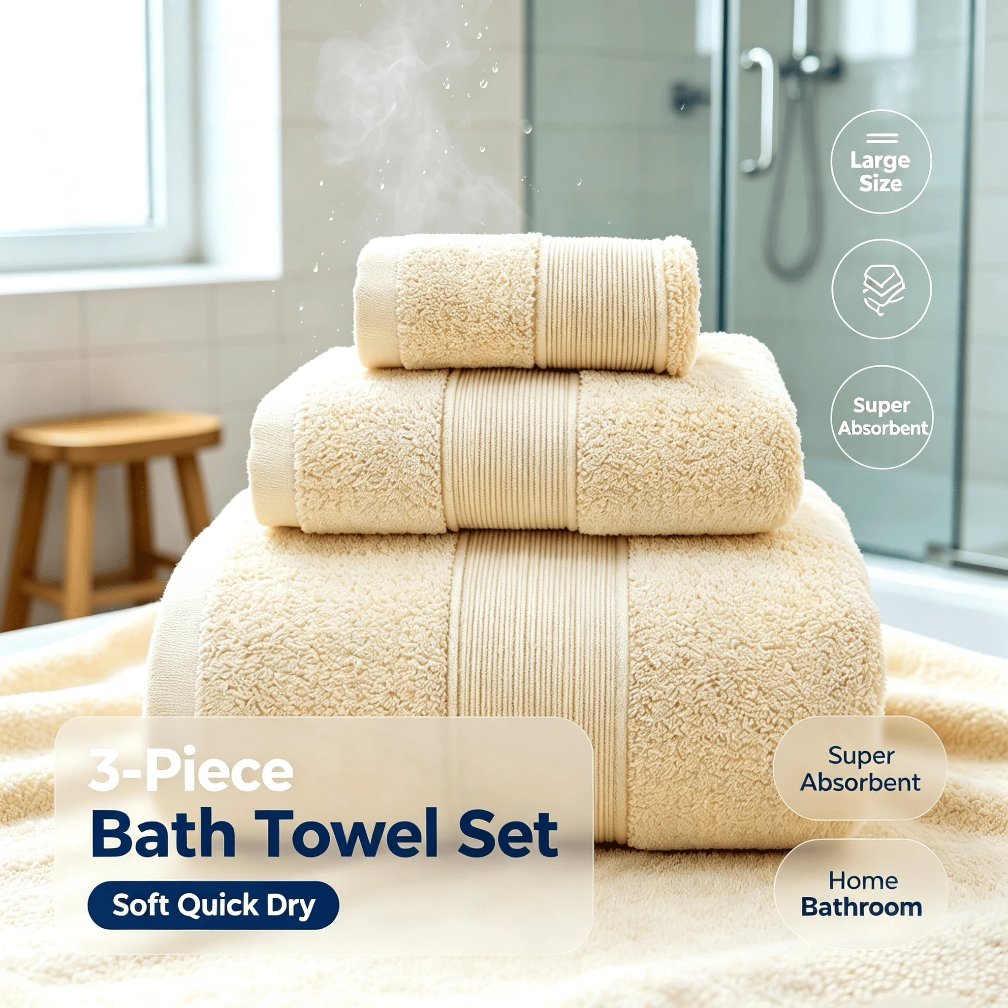 3Pcs Large Shower Bath Towels 800GSM Egyptian Cotton Ultra Soft Quick Dry High Water Absorption Home Bathroom Towel Set