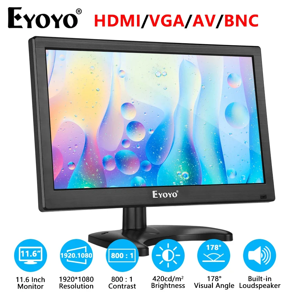 Eyoyo EM12K 11.6 Inch Mini LCD TV 1920x1080P IPS Monitor BNC VGA Display Remote Control With USB Input For Computer Office