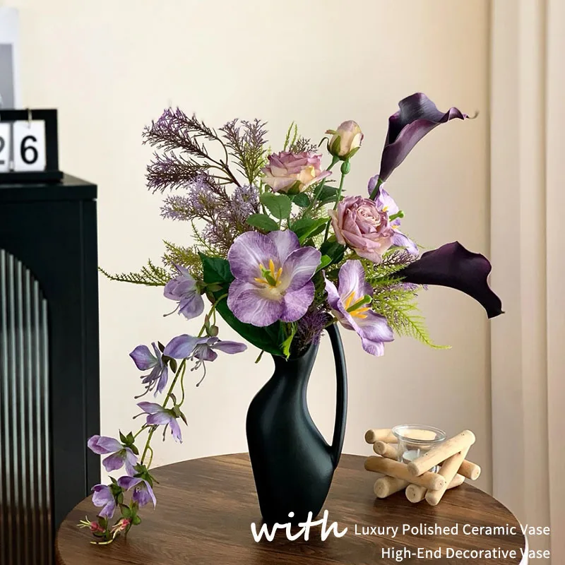 Luxury Real Touch Artificial Flowers with Ceramic Vase, High-end Tabletop Decor Bouquet, Home Hotel Desktop Ornament for Living