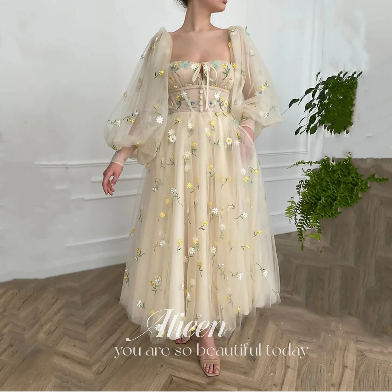 

Aileen A-line Embroidery Yarn Puff Sleeves Gold Dress Women Elegant Party Female Dresses for Formal Occasions Prom Gown Evening