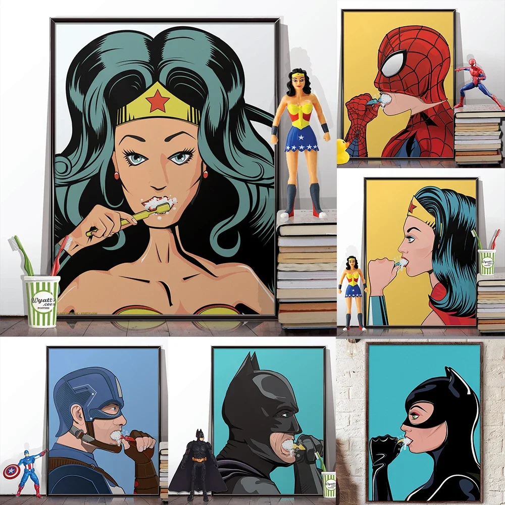 Pósteres de superhéroe de Marvel, Spiderman, cepillándose los dientes, pintura en lienzo, decoración del hogar para el baño, imágenes murales para arte de pared