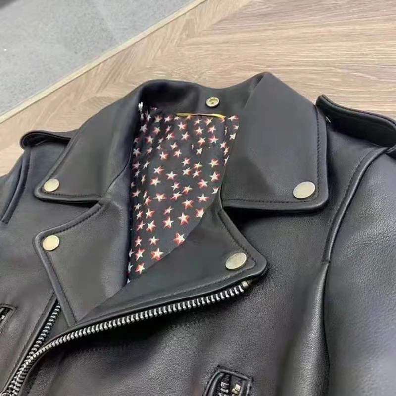 Women Coat Spring High Quality 2024 New Arrival Locomotive Model Short Length Genuine Leather Jacket Inner With Star Pattern