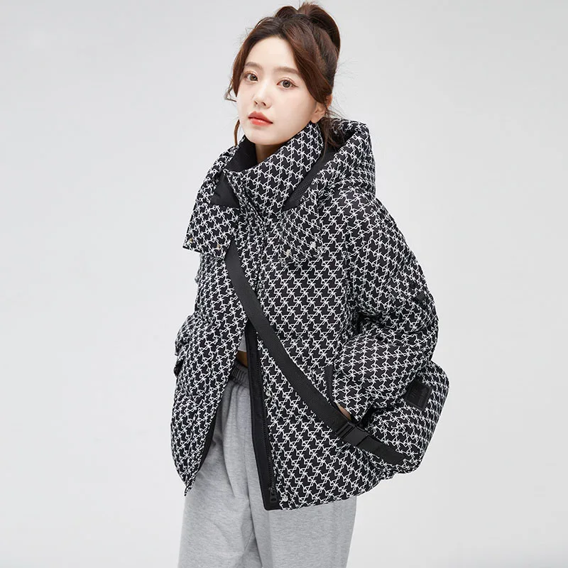 여성용 따뜻한 후드 재킷, 한국 겨울 코트, 인조 코튼, 패션 격자 무늬 아우터, 짧은 와이드 웨이스트, 2023