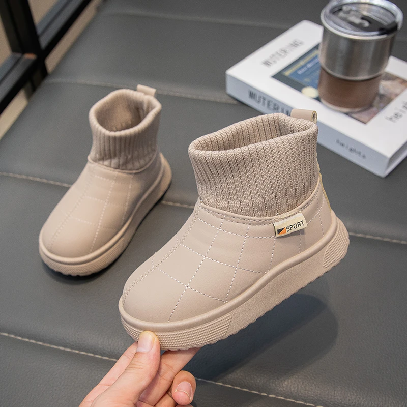 Boys Girls Plush Lining Leather Boots 2025 New Winter Kids Sock-Style Ankle Boots Non-slip Simple Classic Kids School Snowshoes