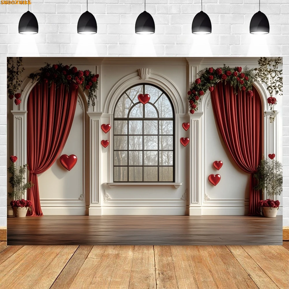 Valentinstag Zimmer Fenster Vorhang Hintergrund Blumen Liebe Herz Luftballons Paar Porträt Party Wand Dekor Fotografie Hintergrund