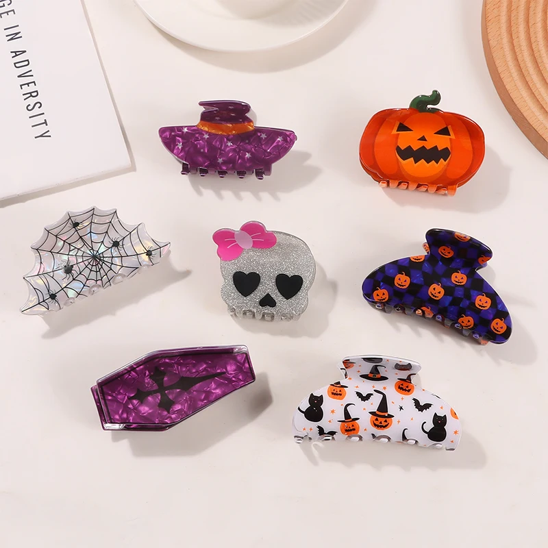 

Headwear Funny Halloween Hair Claw PVC Spider Pumpkin Themed Gripper Hat Shape Geometry Skeleton Shark Clip Women