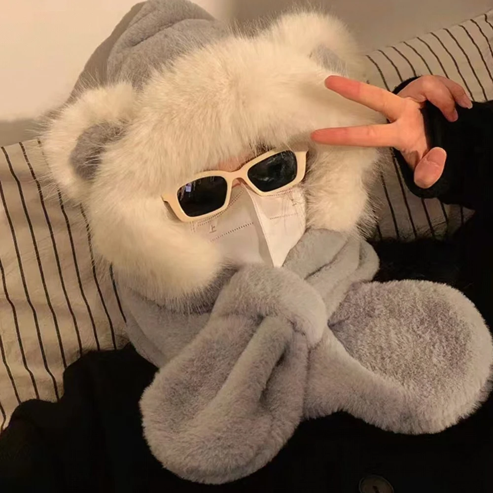 لطيف وجميل الكرتون قبعة للفتيات وشاح قطعة واحدة قبعة سميكة زائد الصوف المرأة قبعات الشتاء صديقها أول الشتاء هدية