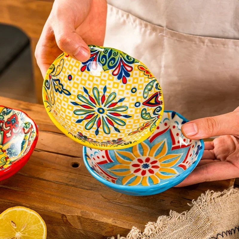 Plato de cerámica bohemio para salsa, aderezo para barbacoa, vinagre, plato pequeño para aperitivos, plato coreano para kimchi
