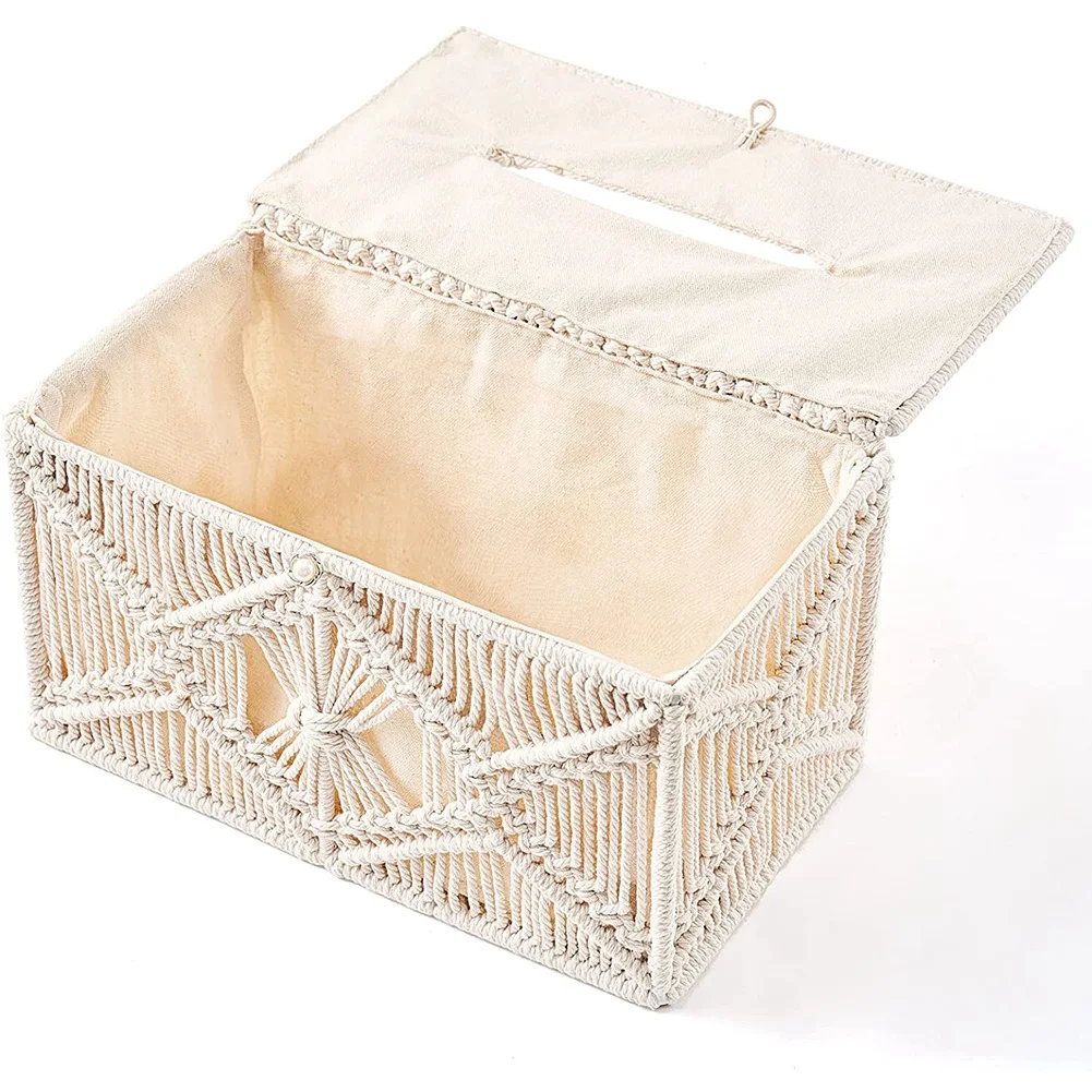 Tissue Box Cover Boho Decor Rectangular Paper Tissue Holder with Bead Buckle Macrame Napkin Tissues Organizer Home Decor