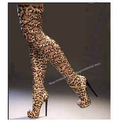 Botas de plataforma con agujeros de leopardo para Mujer, zapatos informales por encima de la rodilla de tacón alto fino, a la moda, talla grande, 2023