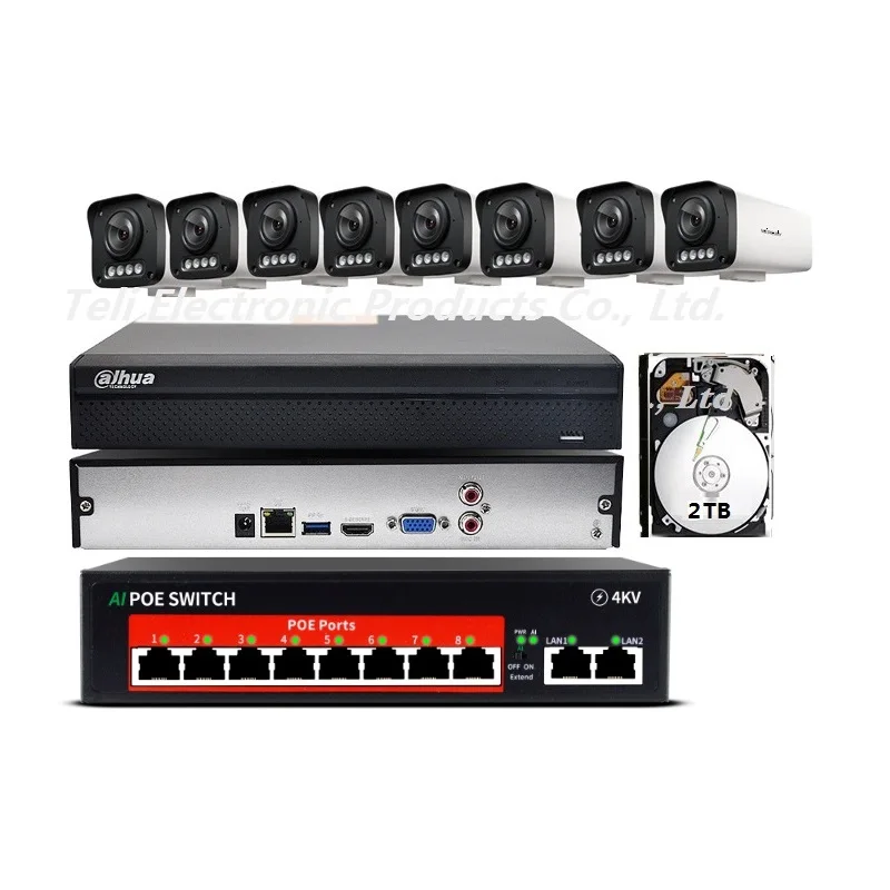 High Quality CCTV 8 Camera System 4mp Night Vision Audio 8-port Poe Switch NVR H265 2TB CCTV Outdoor IP Camera