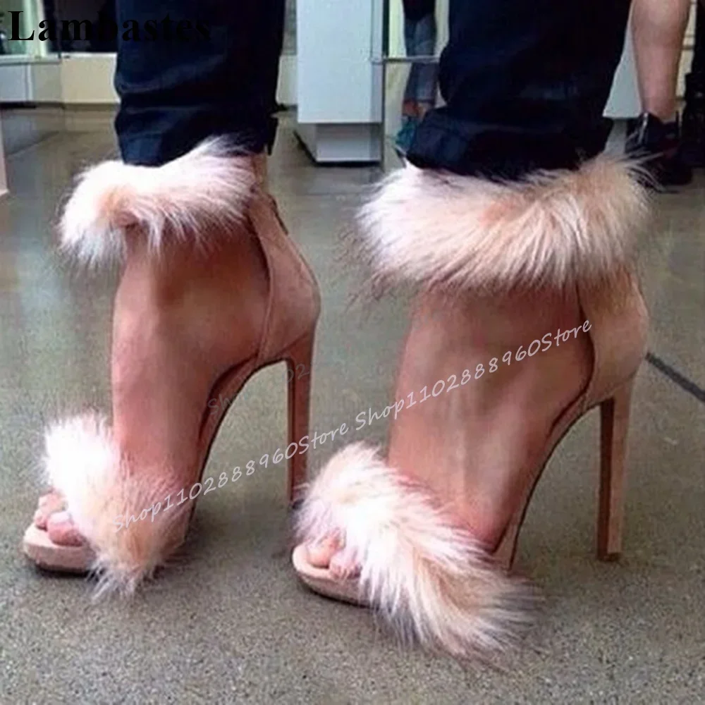 

Trending Pink Flock Furry Shallow Sandals Thin High Heel Shoes For Women Back Zipper Open Toe 2025 Fashionable Zapatillas Mujer