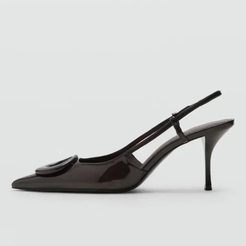 Zapatos de tacón de diseñador, sandalias con punta estrecha, zapatos de vestir de fiesta con hebilla de anillo de charol para mujer, tacones altos finos con talón descubierto elegante para mujer