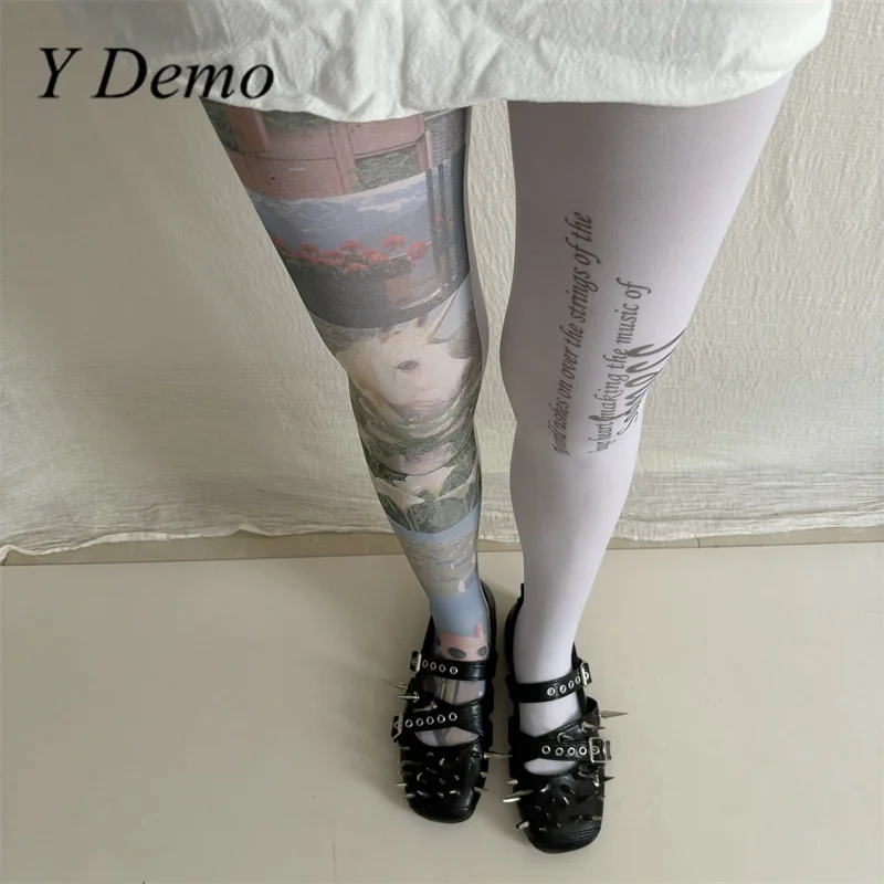 Y Demo Streetwear Y2k White Women's Thin Slim Tights Casual Dreamcore Printing Letters Stocking