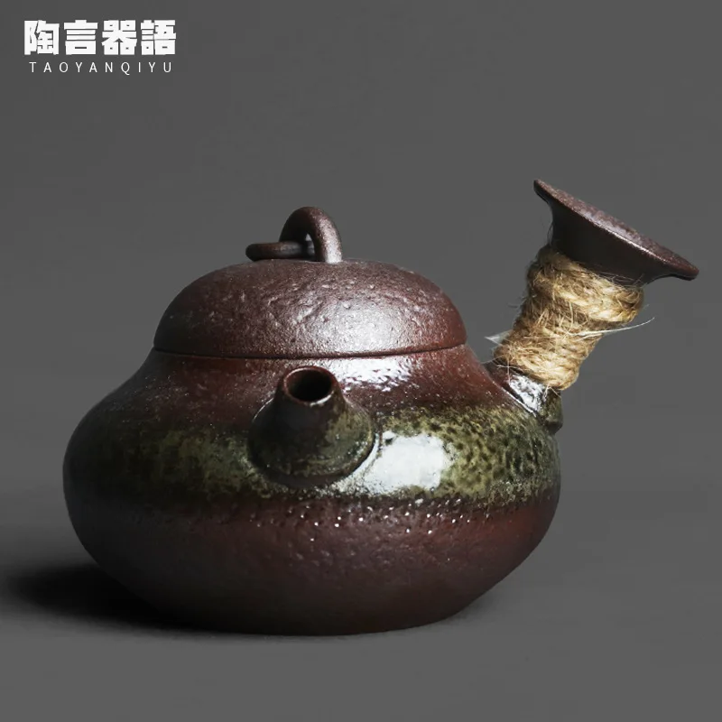 Wood-fired round buckle handle teapot handmade retro pottery personality round duck pear shape tea maker single teapot