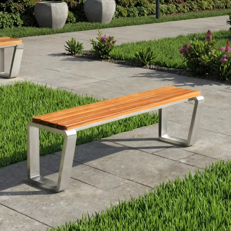 كرسي خشبي خارجي حديث من الفولاذ المقاوم للصدأ ومقعد حديقة للحدائق العامة والباحات والسوبر ماركت والمدارس والمستشفيات