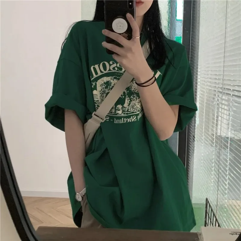 

Loose Fit Short Sleeve T-Shirt Women's Style Korean Printed Casual Summer Top for Students Green Color