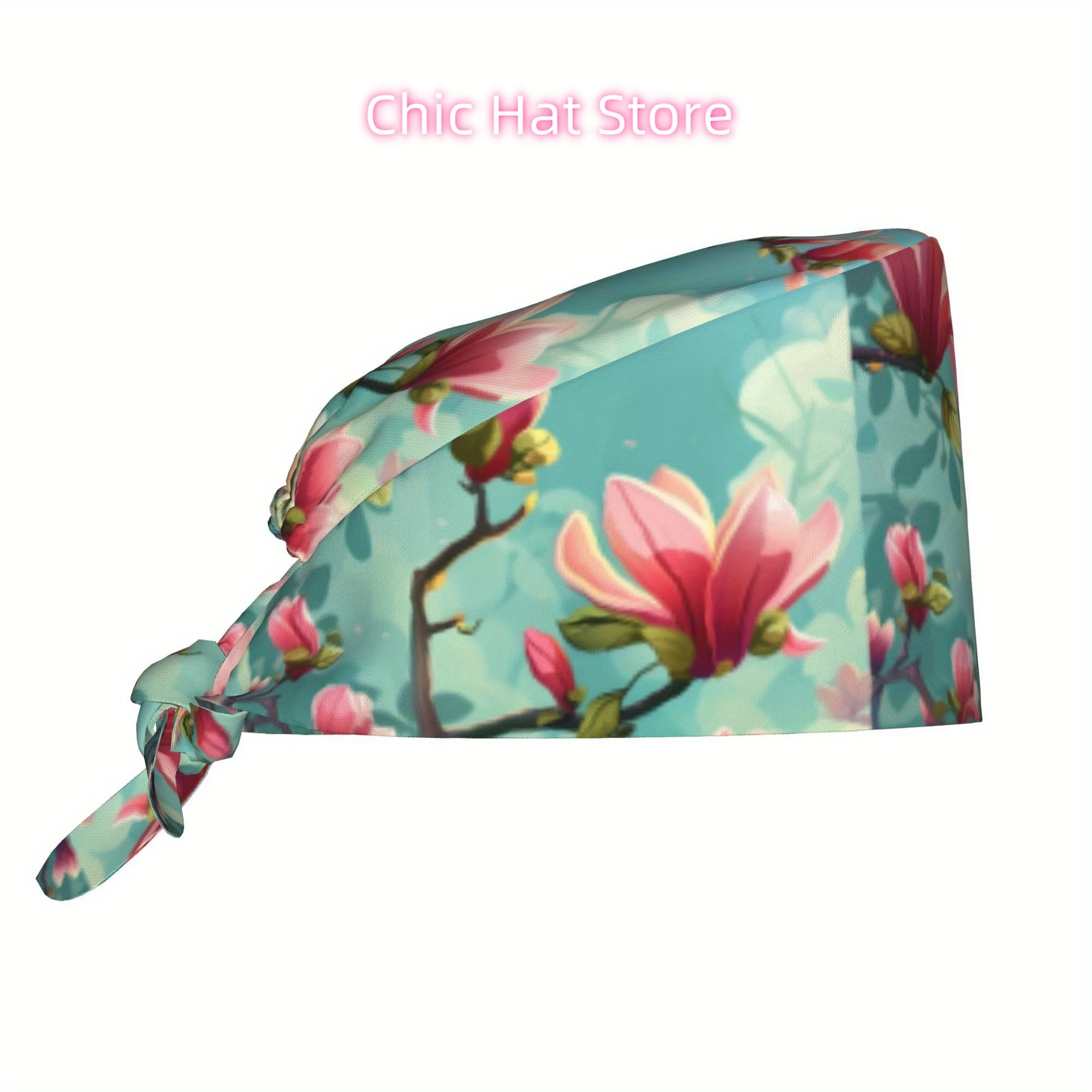 1pc Peach Blossom Print Unisex Adjustable Skull Cap - Lightweight Dustproof Nurse Chef Cooking Hat, Stylish Tie-Back Design for