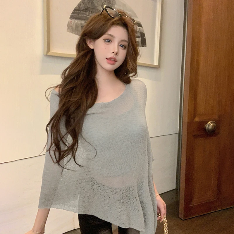 Irregular Cape Shawl Sun Protection Air Condition Clothes Women Thin Knit Top