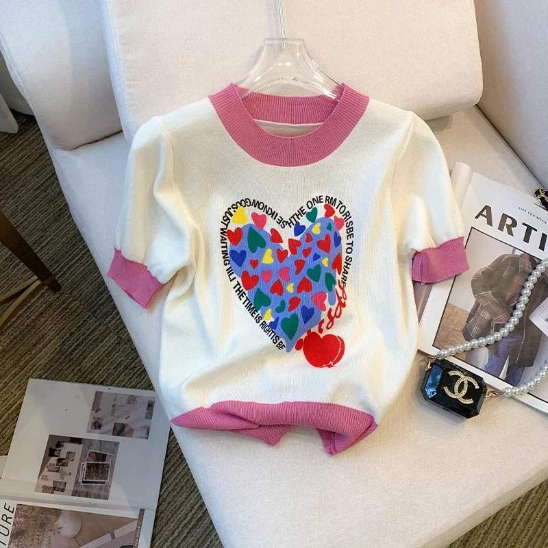 Knitted T Shirt Women Cute Love Heart Print Tops Tees Korean Korean Fashion Office Ladies short sleeve Sweater Mujer V1298