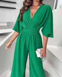 Elegant Jumpsuit Women's-clothing Spring 2024 New Plunge Wide Leg Ruched Jump Suit Fashion Green Y2k Conjoined Body Pants Female