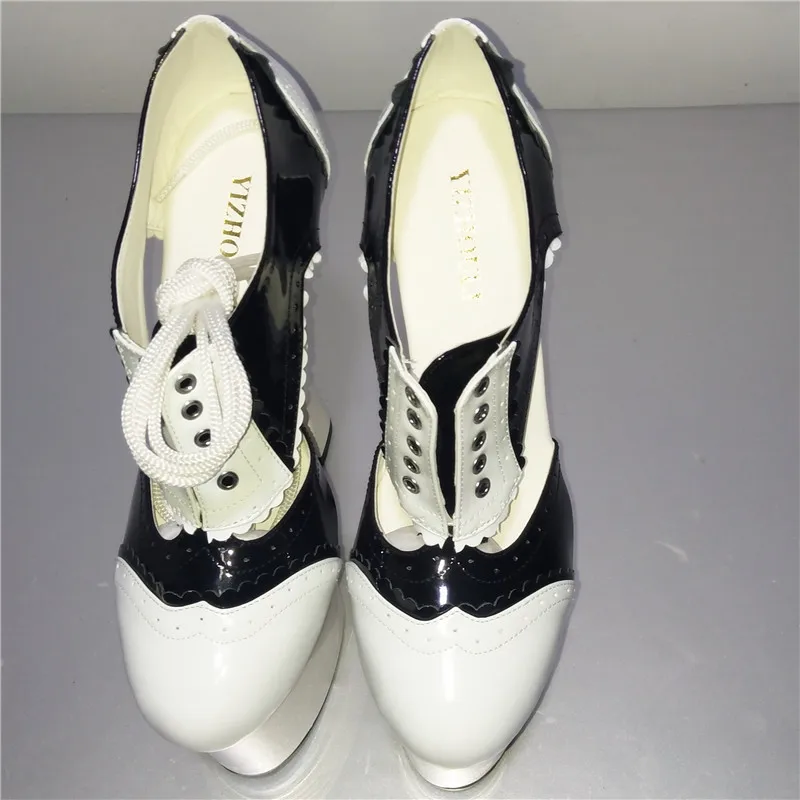 حذاء نسائي كلاسيكي أسود/أبيض بكعب سميك 18 سم وأحذية منصة مثيرة مع أحذية رقص بتصميم مجوف #2