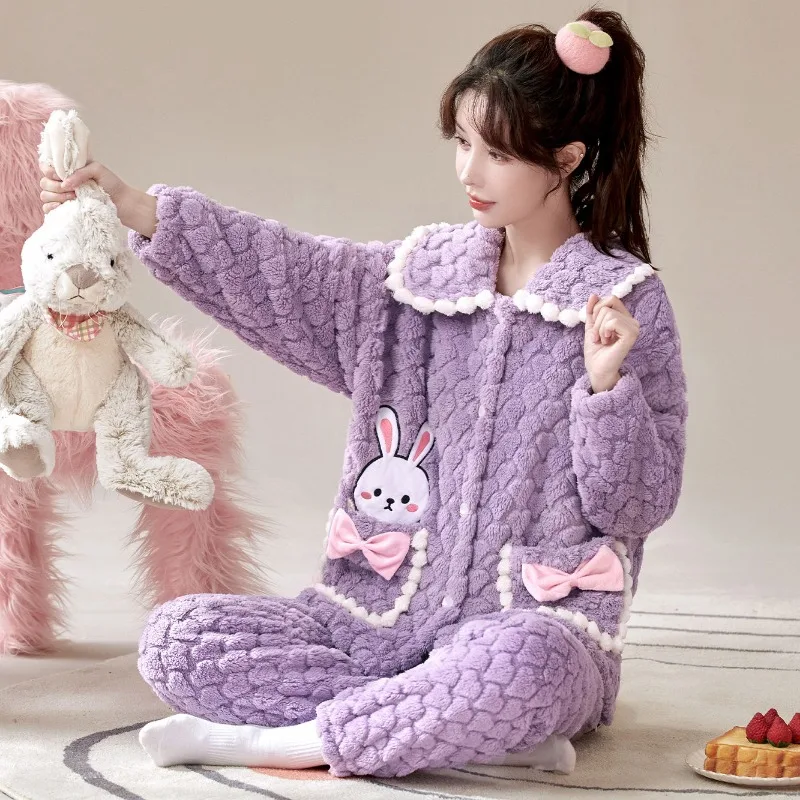 2024 New Flannel Love Pocket Bear Loungewear Lady Cute Sweet Cartoon Sleepwear Women Autumn Winter Home Service Pajamas Sets