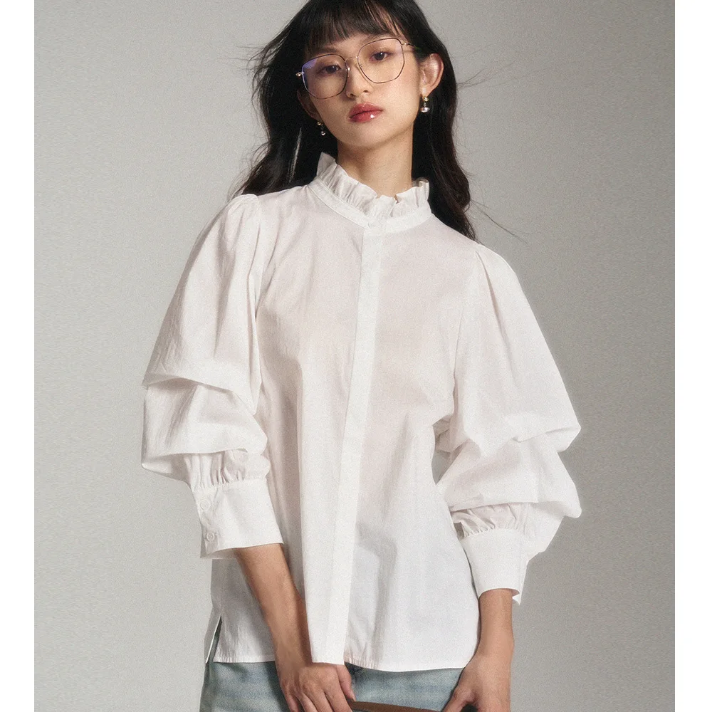 

Новая французская ретро черная грибная граница белая рубашка с воротником-стойкой в девичьем стиле трехмерная рубашка с объемными рукавами топ