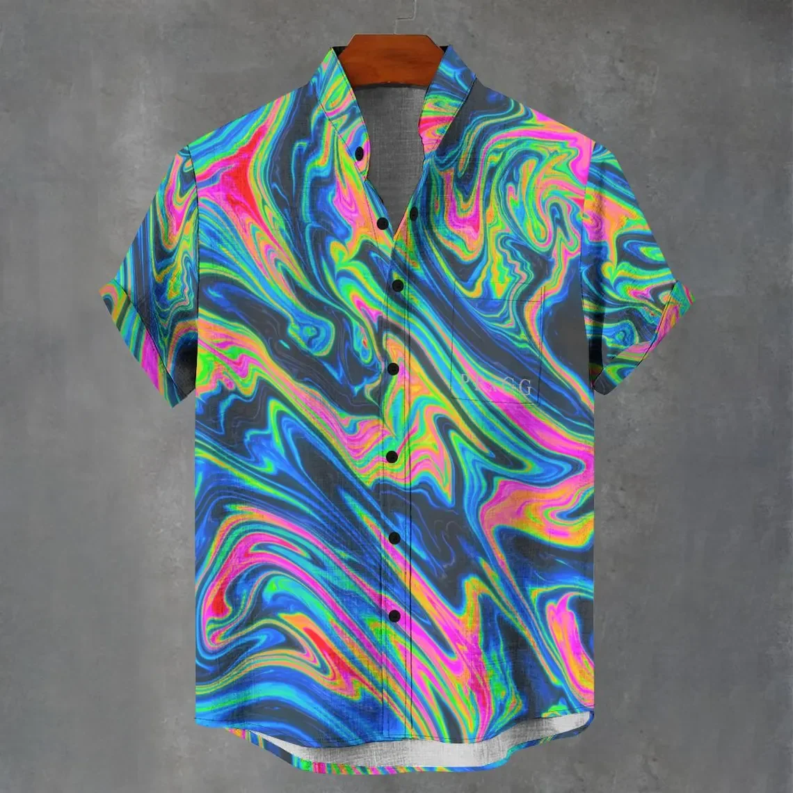 2025 European and American linen button short sleeved shirt for men, retro high-end 3D printed pattern short sleeved shirt