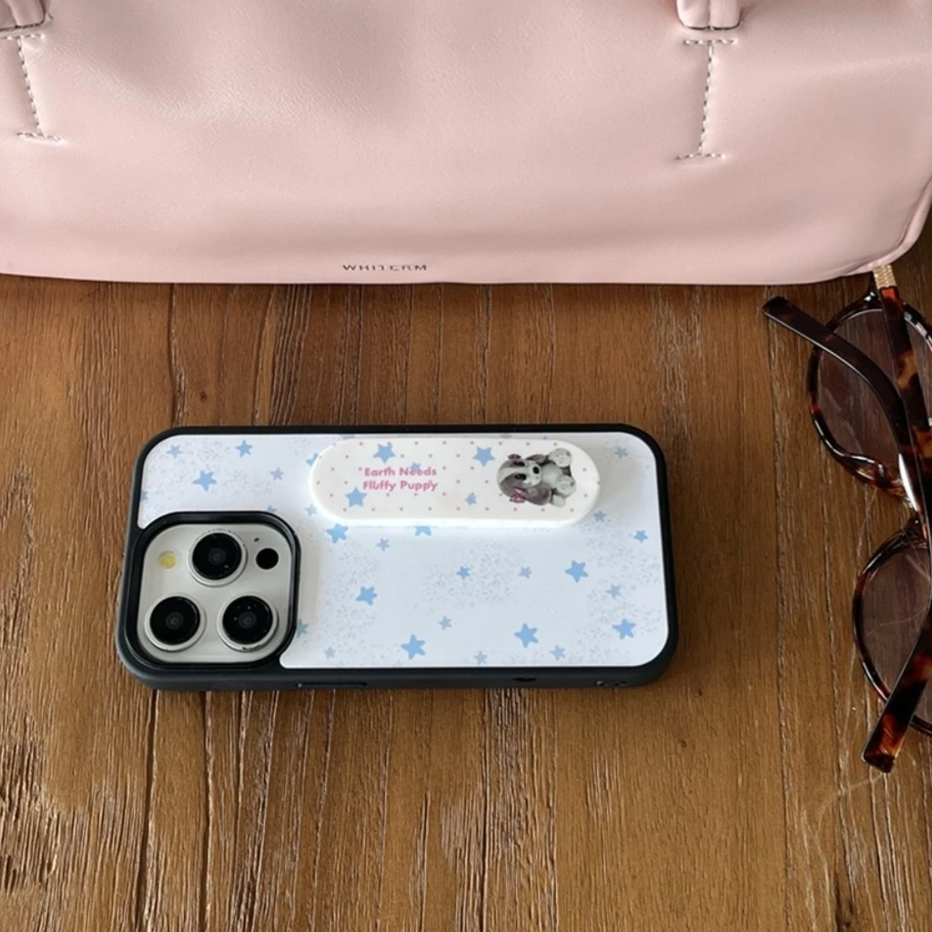 Étoiles bleues fraîches points circulaires amusant mignon chiot pansement télescopique avec support housse pour iPhone 17 16 15 14 13 Pro Max Air