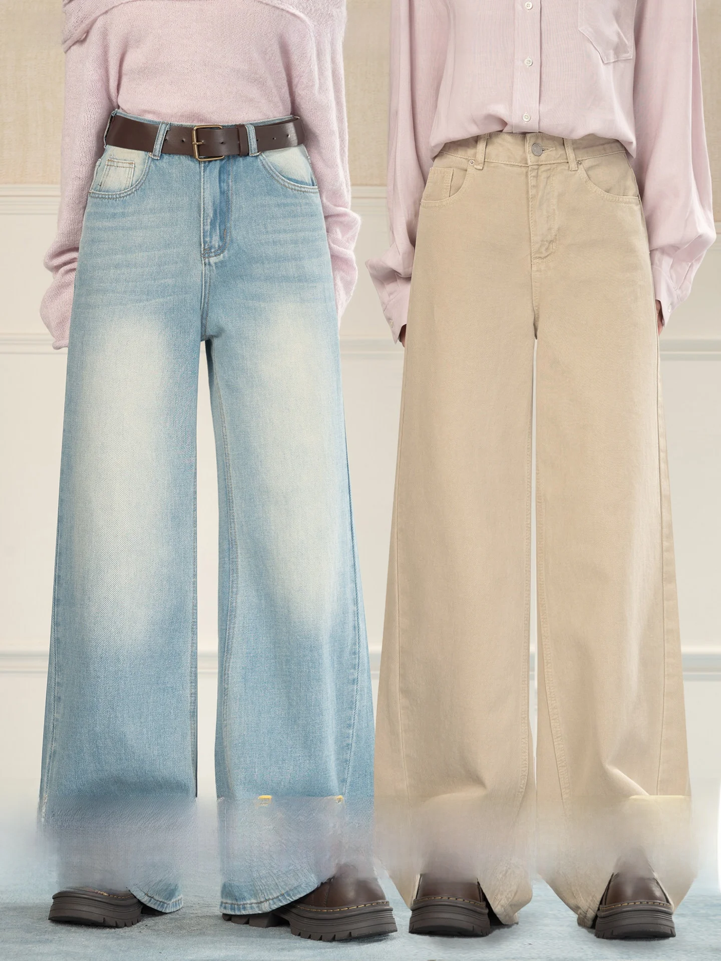 

Khaki High Waist Straight Leg Casual Women's Jeans Spring Summer Loose Long Pants Floor-Length Vintage Style Ladies Jeans