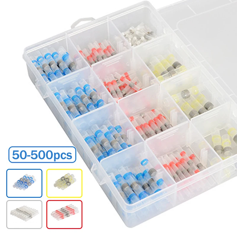 50/500Pcs Waterproof Heat Shrink Tube With Solder Insulated Electrical Wire Terminal Butt Splice Solder Electric Connector Set