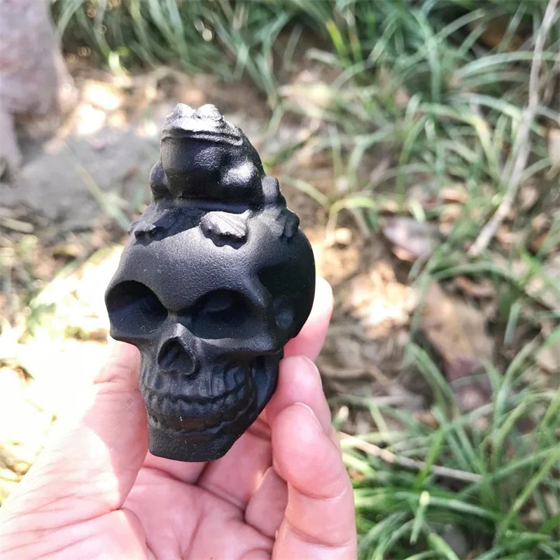 5.8CM Natural Black Obsidian Forg Skull Mineral Carved Reiki Healing Gift Crafts Feng Shui Home Decoration Stone Statues 1pcs