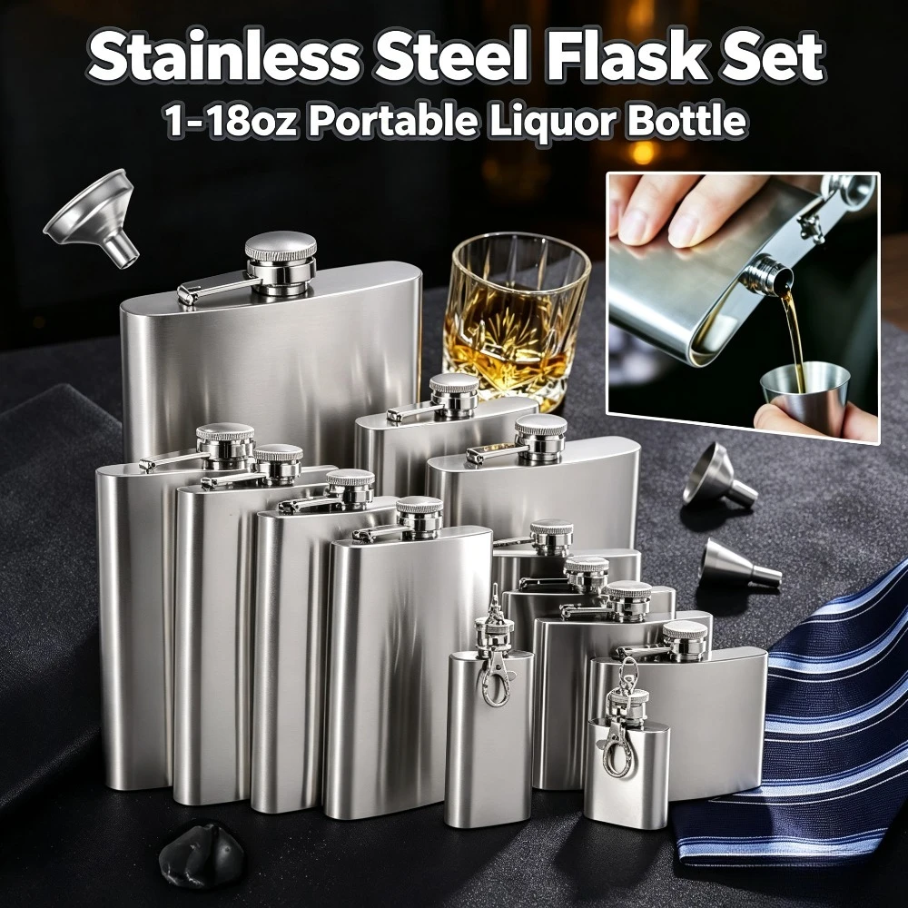 1-18oz Stainless Steel Hip Flask with Funnel Portable Whiskey Alcohol Bottle Screw Cap Pocket Liquor Flask Travel Bar Gift