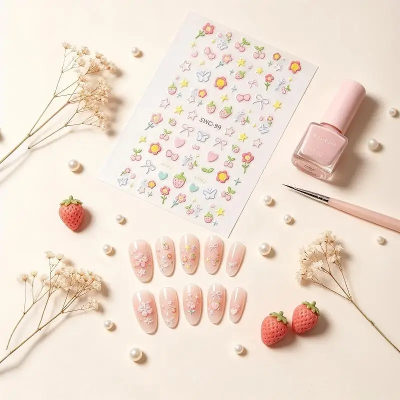 2Sheets Sweet Element Nail Art Stickers Flower Heart Cherry Strawberry Kawaii Decals Colorful Bow Butterfly Manicure Sliders