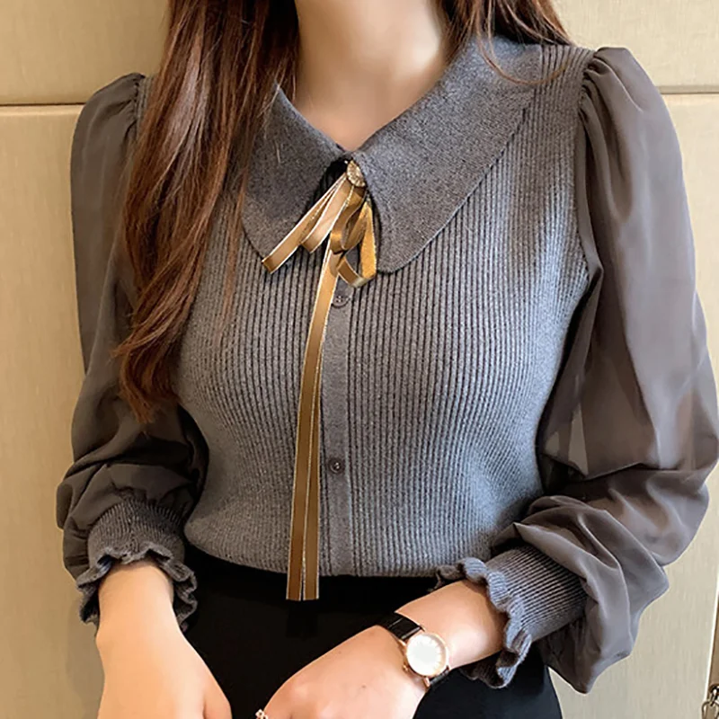 ITOOLIN Autumn Women Chiffon Patchwork Sweater Lantern Sleeve Turn-down Collar Button Pullover Women Office Lady Sweater Winter