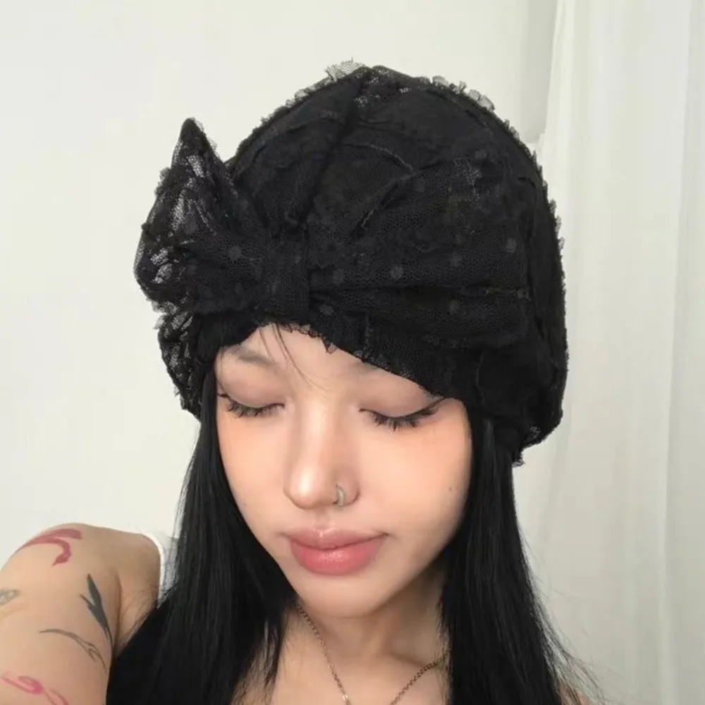 Breathable Fabric Polka Dot Mesh Bonnet Wrinkle Lace Folded Design Women Headscarf Hat Chic Turban Beanie Cap Summer Season