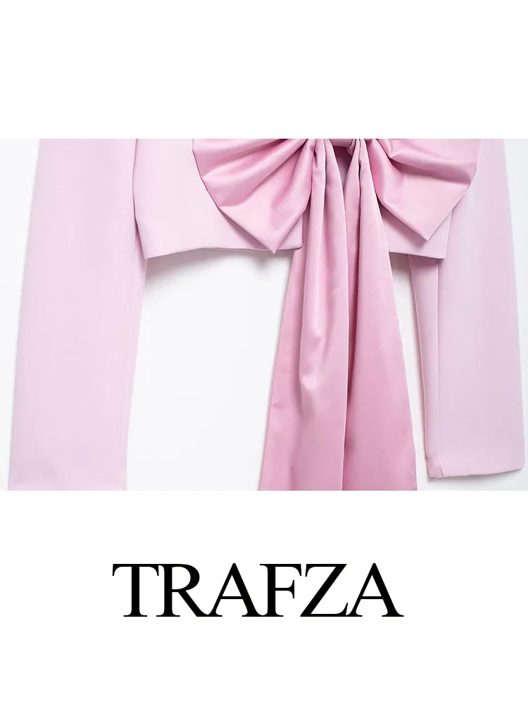 TRAFZA 2024 Women Solid Pink Bow Decorate Blazer Woman Chic Tops V-Neck Long Sleeves Open Stitch Short Coat Streetwear Mujer