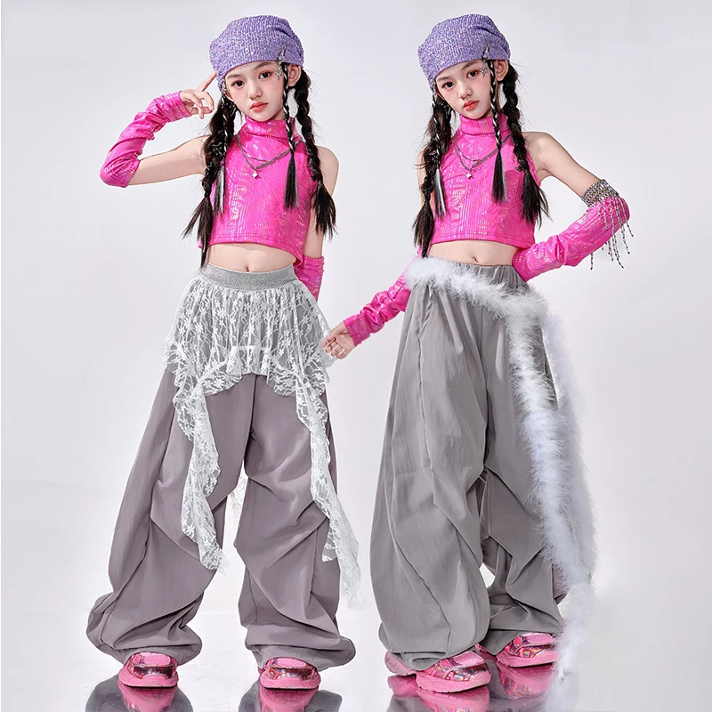 2025 nuevo traje de baile de Jazz Kpop para niñas, traje de escenario de desfile de moda, camiseta sin mangas rosa, pantalones de baile de línea gris, Ropa de baile callejero genial 2181