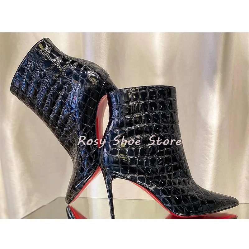 

Black Glossy Crocodile Leather Skin Striae Women's Trendy Short Boots Sexy Pointed Toe Stiletto Heel Side Zipper Ankle Boots