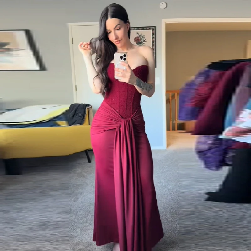 

Stylish Romantic Maxi Dress Burgundy Designers Chic Women Dresses Date Nights Delicate Evenings Elegant Ladies Outfit