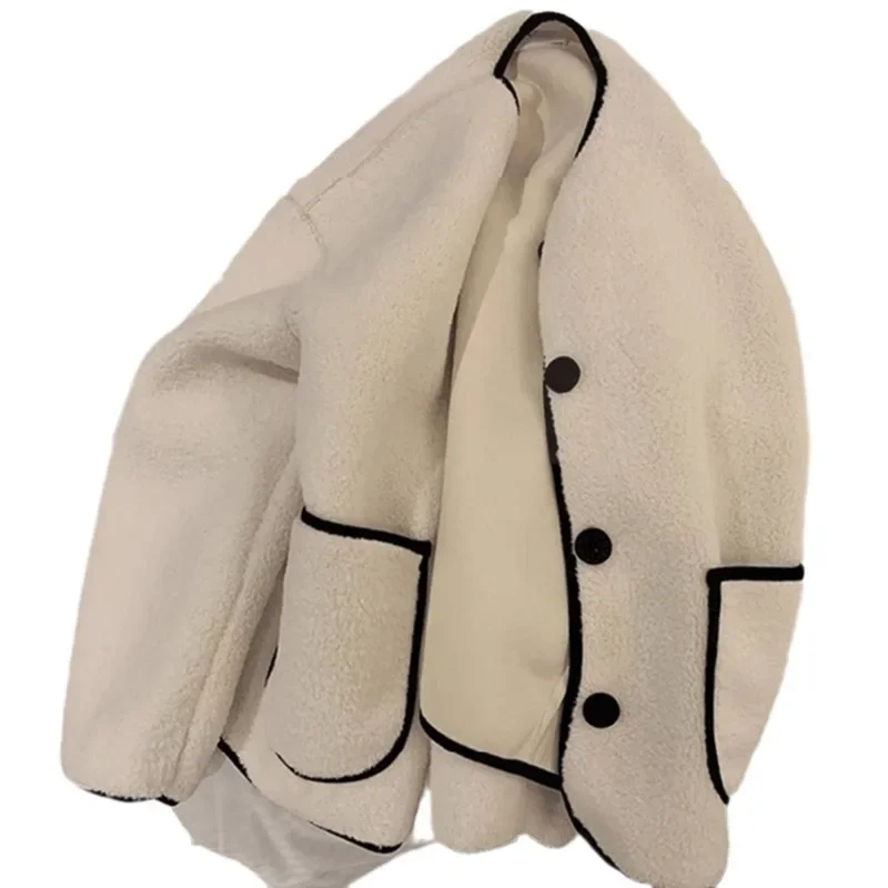 Autunno Inverno girocollo splicing giacca di pelliccia di agnello allentata donna casual tuta sportiva corta fibra di poliestere manica intera tipo allentato