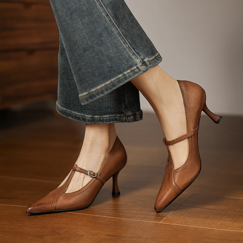 Women Pumps Sheepskin High Heels Mary Jane Ladies Shoes Thin Heels T-Tied Elegant Simple Shoes Spring Autumn Daily Pumps