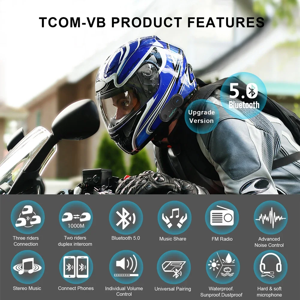 2pcs Freedconn t-comvb Motorcycle Intercom Helmet Bluetooth Headset 800M Waterproof BT Interphone FM Radio