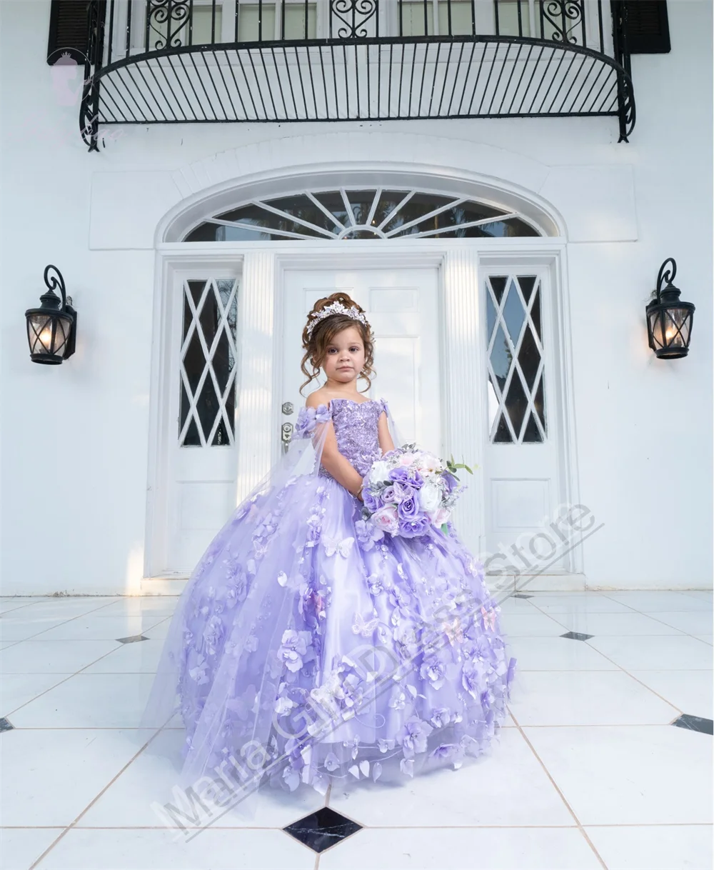 

Lavender New Flower Girl Party Birthday Dress Suitable For Wedding Pearl Applique Cape Sleeves Piano Solo Evening Dress