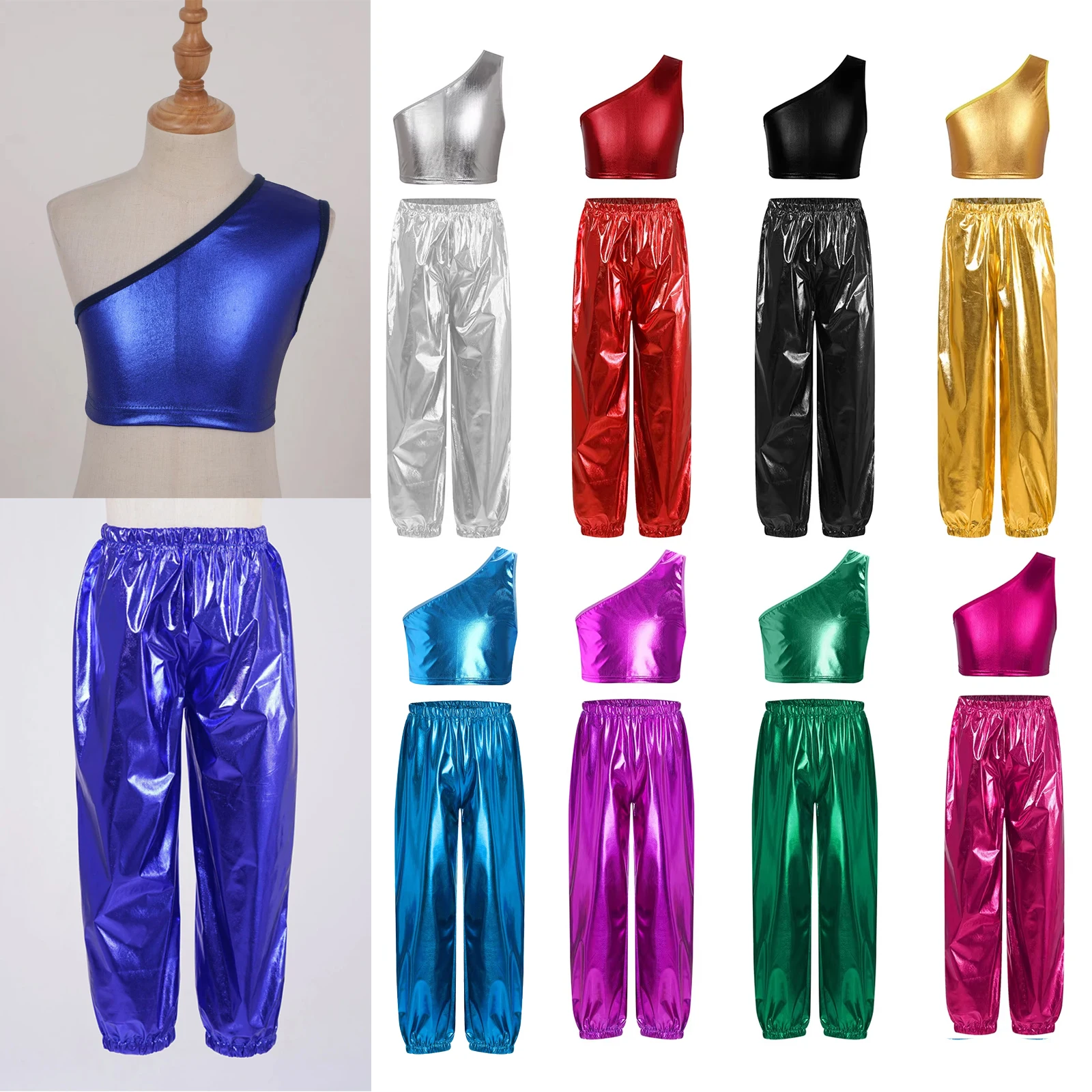 Kids Girls Metallic Clothes Set One Shoulder Cropped Vest with Pants Outfits Jazz Modern Dance Party Performance Dancewear