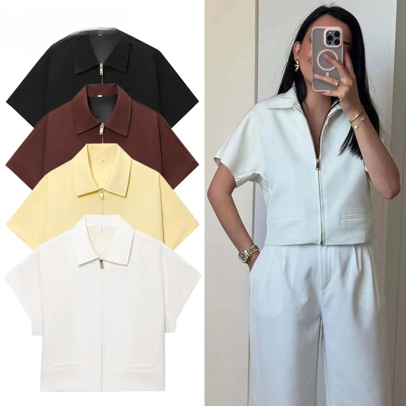 

Spring Summer New Women Cropped Jacket Short Sleeve Varsity Jacket Zip Up Coats Holiday Female Outerwears