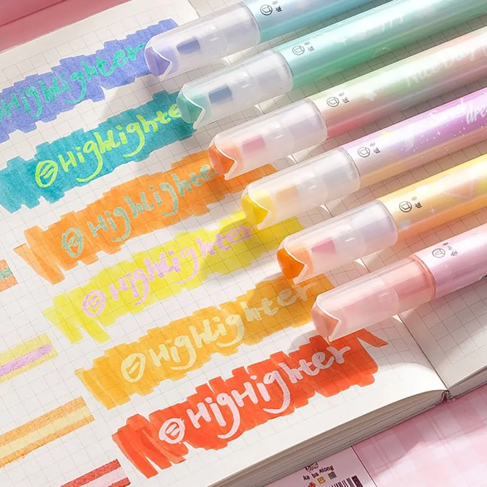 

6PCS Double Head Highlighter Stackable Coloring Graffiti Fluorescent Pen Stationery Eye Protection Mark Key Points Pen